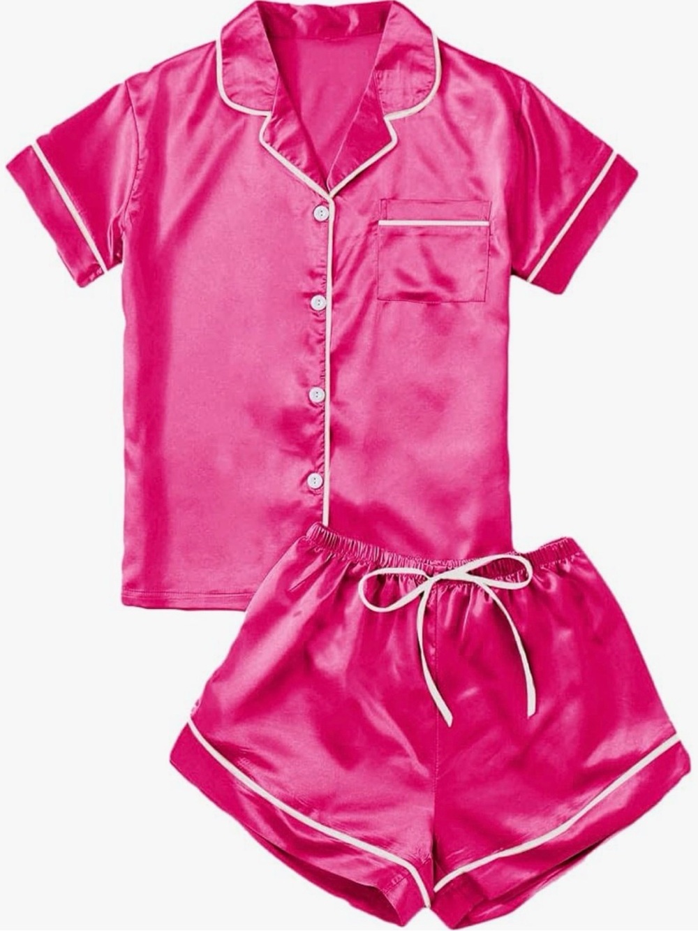 Satin Short Pajama Set in Hot Pink with Contrast Piping
